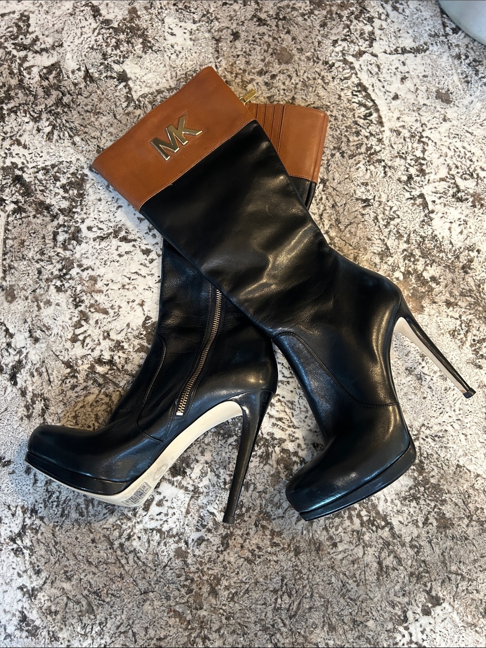 Michael Kors Black Leather Knee Boots with Brown Cuff and Gold Logo